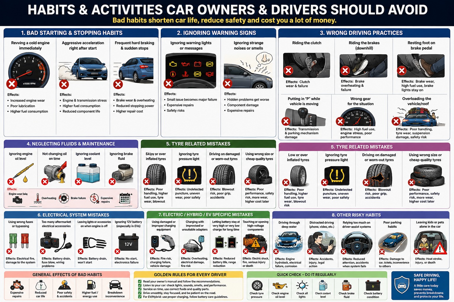 Infographic showing car habits and activities drivers should avoid, including aggressive driving, ignoring warning lights, riding the clutch or brakes, overloading, neglecting oil and coolant, incorrect tyre pressure, damag