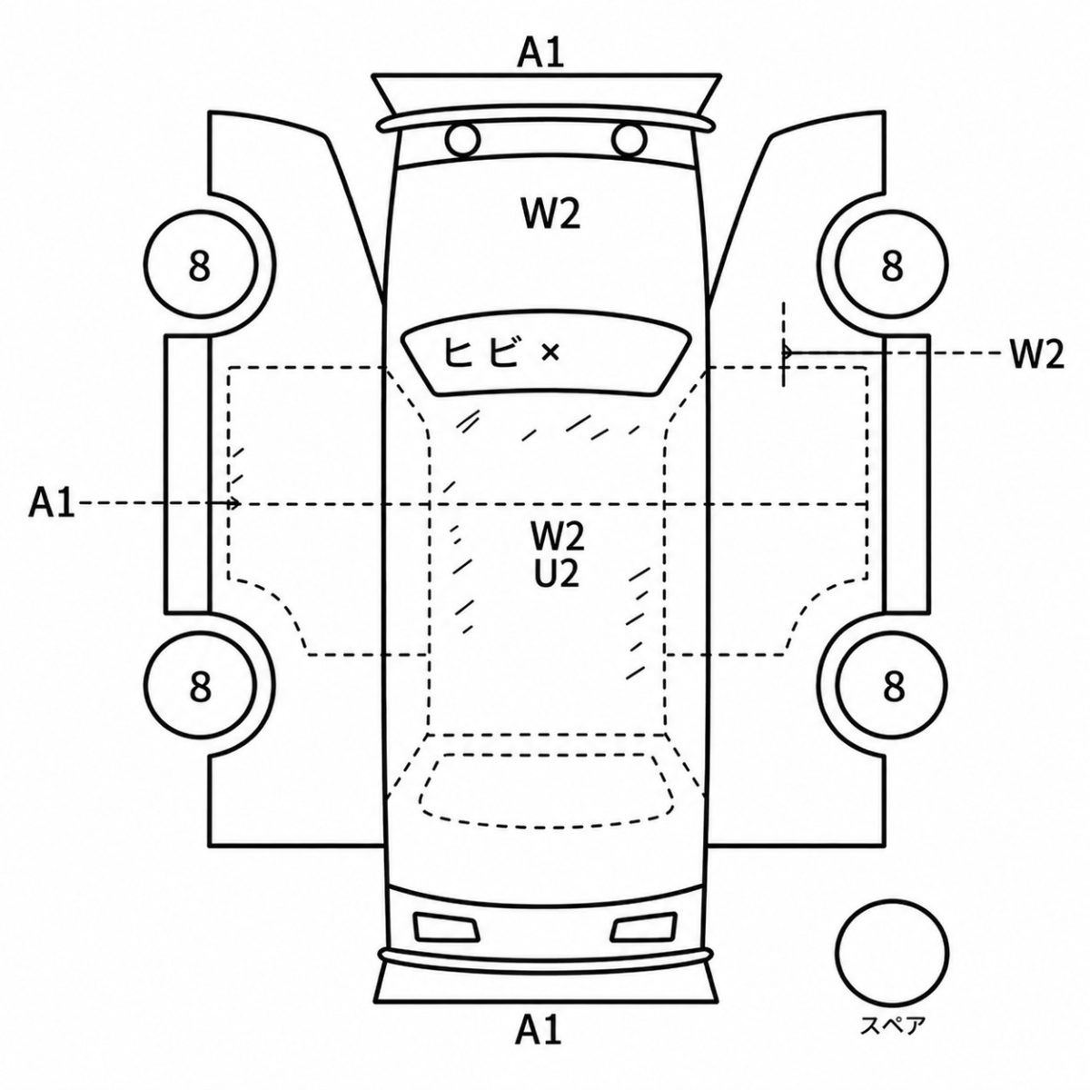 Japanese used car auction diagram (exterior condition map)