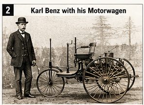 Karl Benz stands beside the early automobile that demonstrated how an internal-combustion engine could be integrated into a self-propelled road vehicle.