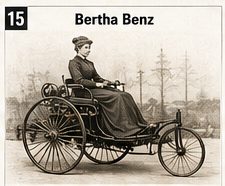 Bertha Benz is shown with the Patent-Motorwagen associated with her pioneering long-distance journey in 1888.