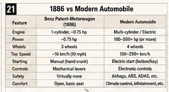 Educational comparison between the 1886 Benz Patent-Motorwagen and a modern automobile across engine power, speed, wheels, controls, safety and comfort.