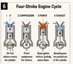 Four-stage diagram showing how a four-stroke engine works through intake, compression, power and exhaust to produce mechanical motion.