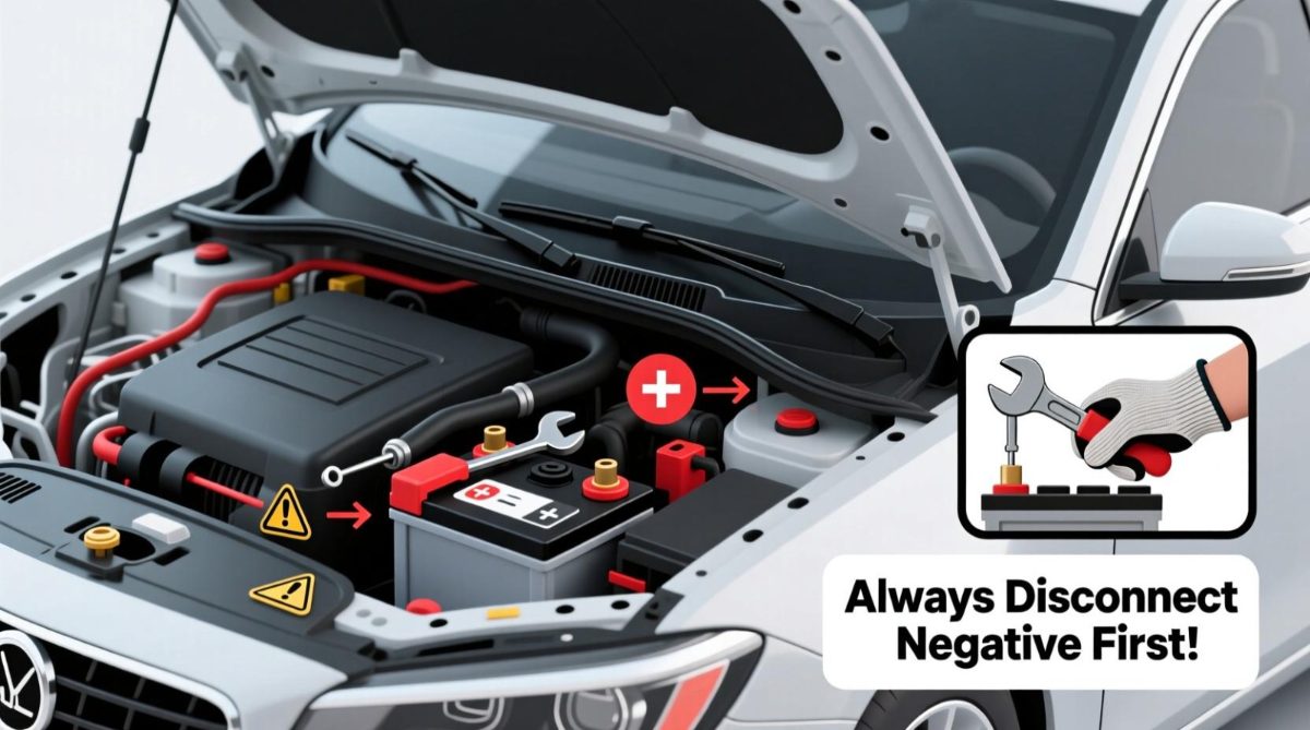 Safety precautions for disconnecting a car battery, including parking safely, switching off the vehicle, wearing protective equipment, and avoiding sparks