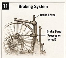 Technical illustration showing the simple mechanical braking arrangement used to slow the early automobile before modern hydraulic systems.
