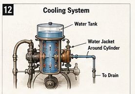Diagram showing how water was used to remove heat from the early internal-combustion engine and prevent excessive temperatures.