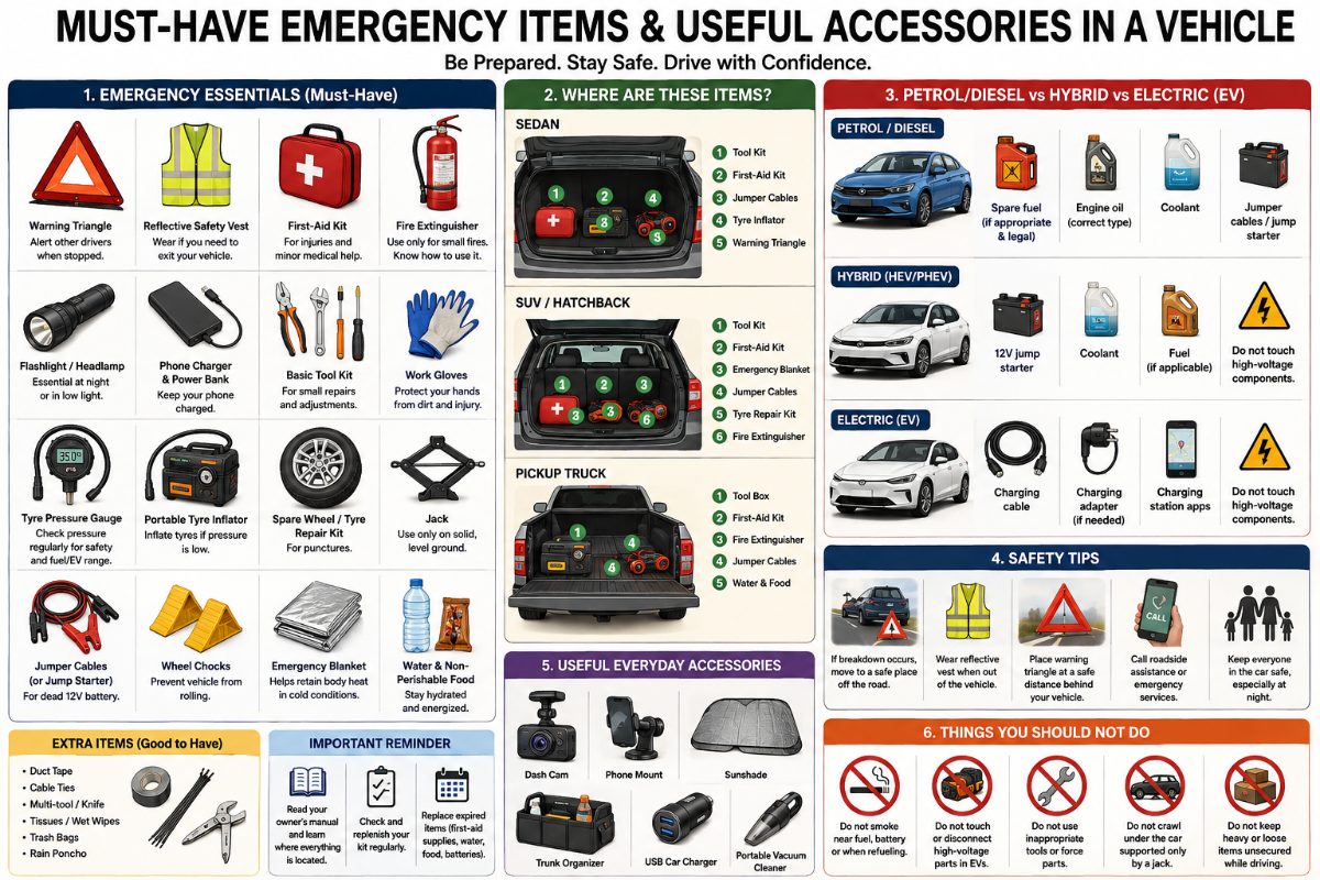 i-Infographic showing must-have emergency items and useful car accessories, including a warning triangle, reflective vest, first-aid kit, fire extinguisher, flashlight, jump starter, tyre pressure gauge, tyre inflator, spar