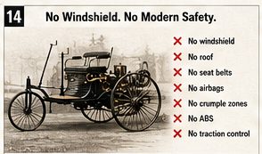 The open Patent-Motorwagen had no enclosed passenger cabin, windshield, airbags or seat belts, illustrating how different early automobiles were from modern vehicles.