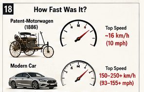 Visual comparison showing the approximately 16 kmh top speed of the early automobile against the much higher speeds achievable by modern cars.