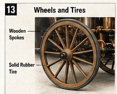 Close-up illustration of the wooden-spoked wheel and primitive tire construction used on the Benz Patent-Motorwagen.