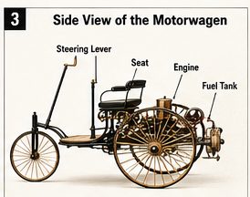 Side view of the three-wheeled Benz Patent-Motorwagen showing its open frame, wooden wheels, rear-mounted engine and simple driver's seat.