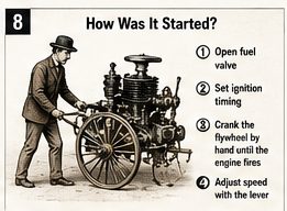 Illustration explaining the manual mechanical process required to start and operate the early Benz automobile without a modern electric starter motor.