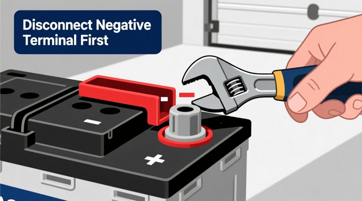 Step-by-step illustration showing how to reconnect a car battery by connecting the positive terminal first and the negative terminal second
