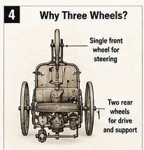 A simple three-wheel layout showing the two rear wheels supporting and driving the vehicle while the single front wheel provides steering.