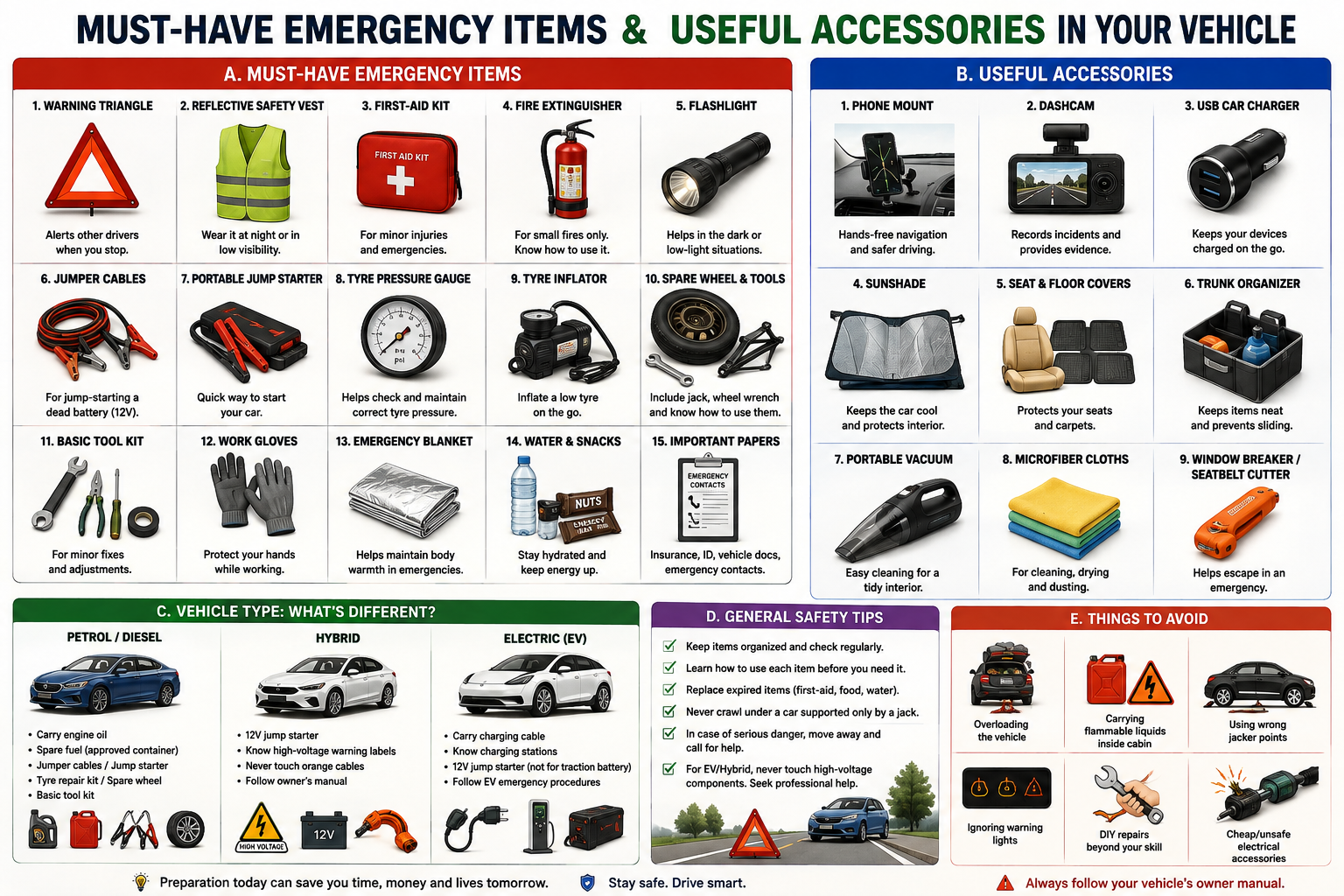 i-Infographic showing must-have emergency items and useful car accessories, including a warning triangle, reflective vest, first-aid kit, fire extinguisher, flashlight, jump starter, tyre pressure gauge, tyre inflator, spar
